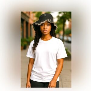 Black Denim Boho Vintage Bucket Floppy Frayed Distress Cap‎ Women Hat Preowned.